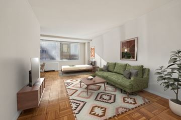 Washington apartment for rent - A living room with a green couch and a rug with a geometric pattern.
