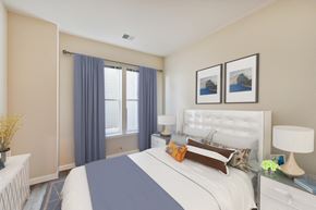 Washington apartment for rent - bedroom with bed, nightstands, large windows at city view apartments in washington dc