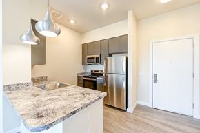 Washington apartment for rent - kitchen with hardwood floors, stainless steel appliances and large breakfast bar at city view apartments in washington dc