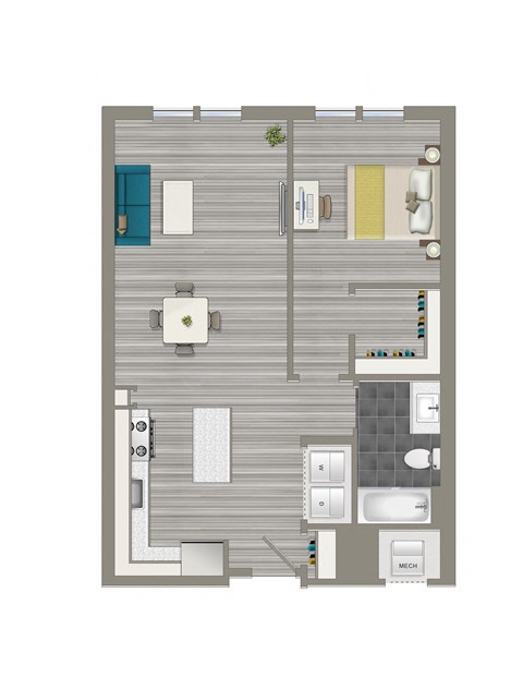 Floor plan for 1 bed, 1 bath, 646 sqft