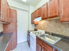 Washington apartment for rent - kitchen with wood cabinetry and tile backsplash at the klingle apartments in washignton dc