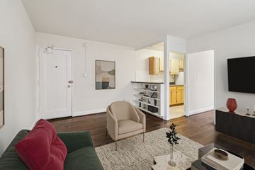 Washington apartment for rent - A living room with a green couch and a red pillow.