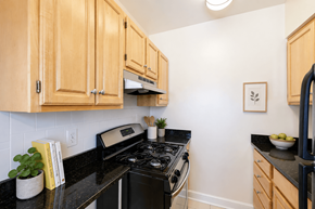 Washington apartment for rent - A kitchen with wooden cabinets and a black countertop.