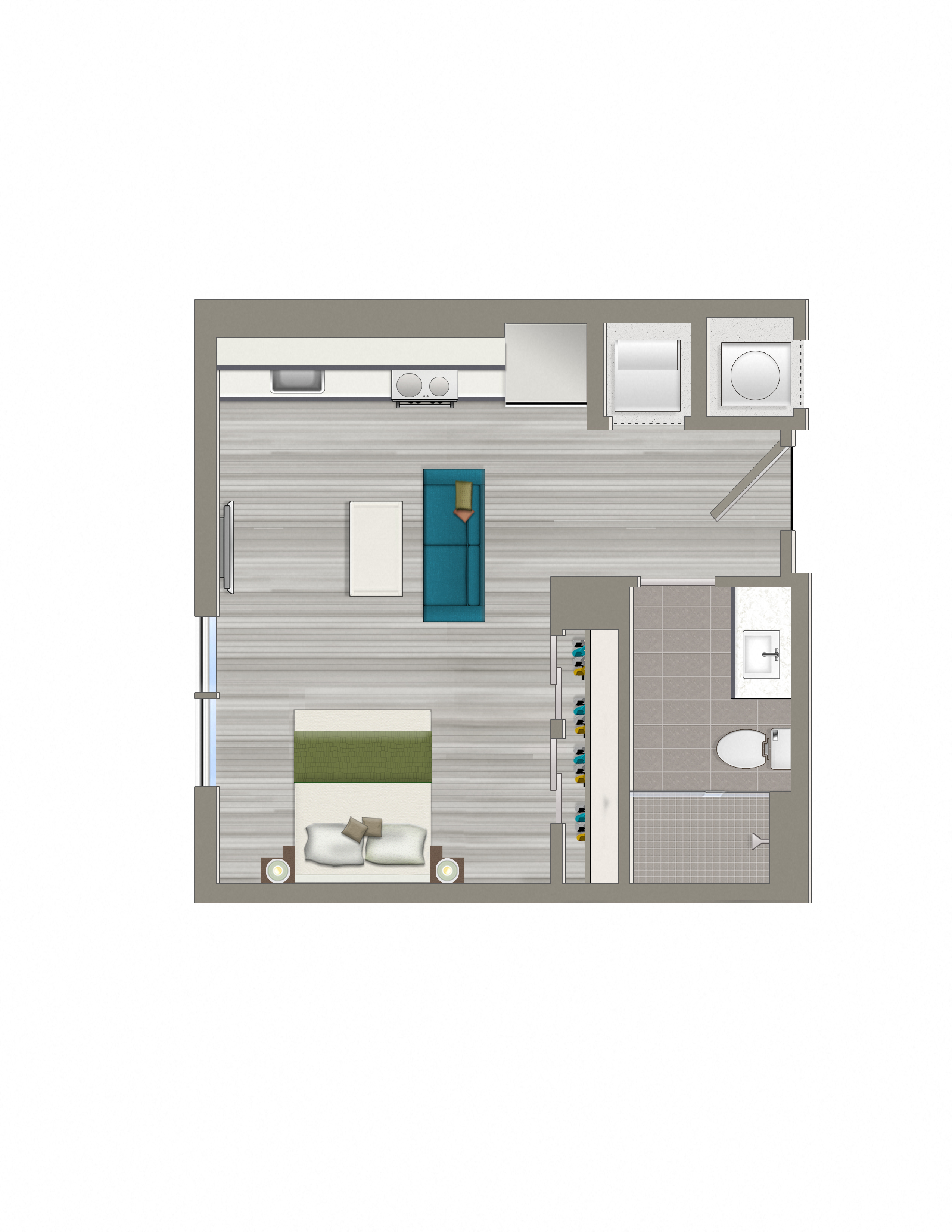 Floor plan for studio, 1 bath, 412 sqft