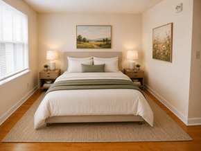 Washington apartment for rent - A bedroom with a large bed and two lamps.