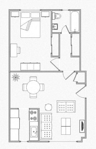 Floor plan for 1 bed, 1 bath, 650 sqft