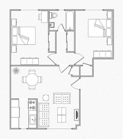 Floor plan for 2 beds, 1 bath, 821 sqft