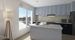 Washington apartment for rent - kitchen with large windows and kitchen island at the strand apartments in hillbrook deanwood washington dc