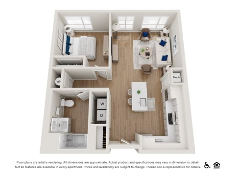 Floor plan for 1 bed, 1 bath, 831 sqft