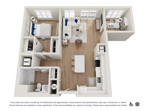 Floor plan for 1 bed, 1 bath, 895 sqft