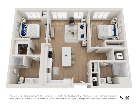 Floor plan for 2 beds, 2 baths, 1045 sqft