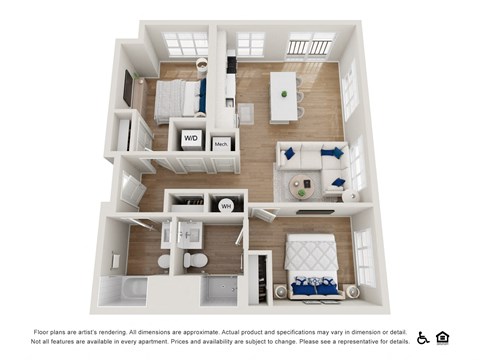 Floor plan for 2 beds, 2 baths, 987 sqft