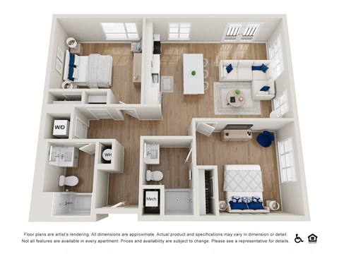 Floor plan for 2 beds, 2 baths, 1053 sqft