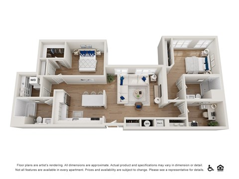 Floor plan for 2 beds, 2 baths, 1355 sqft