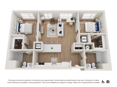 Floor plan for 2 beds, 2 baths, 943 sqft