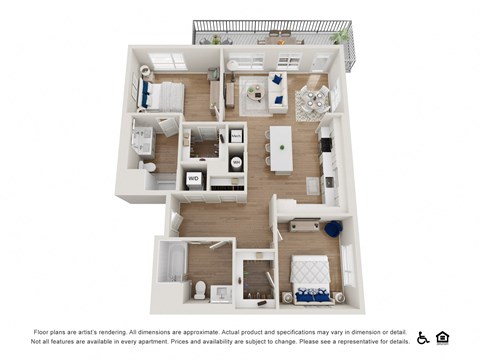 Floor plan for 2 beds, 2 baths, 1053 sqft