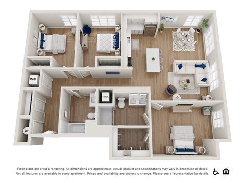 Floor plan for 3 beds, 2 baths, 1308 sqft