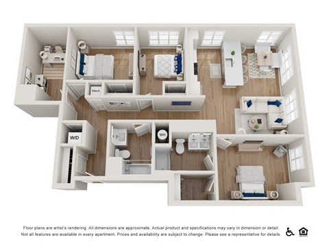 Floor plan for 3 beds, 2 baths, 1429 sqft