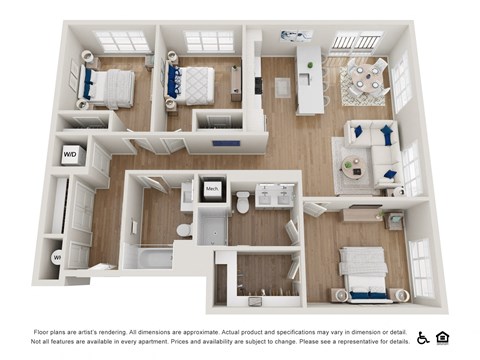 Floor plan for 3 beds, 2 baths, 1252 sqft