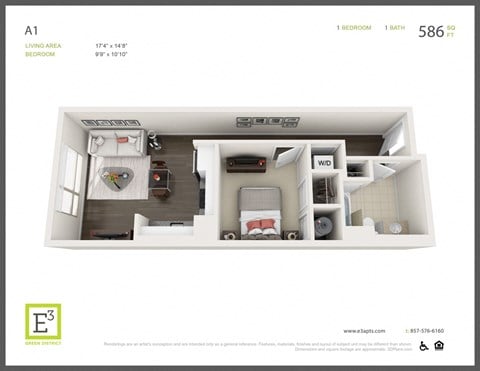 Floor plan for 1 bed, 1 bath, 586 sqft