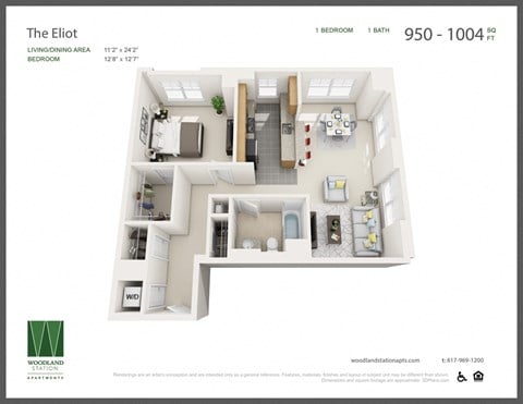 Floor plan for 1 bed, 1 bath, 975 sqft