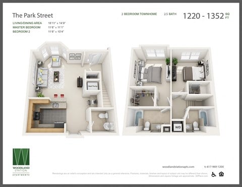 Floor plan for 2 beds, 2.5 baths, 1220 sqft