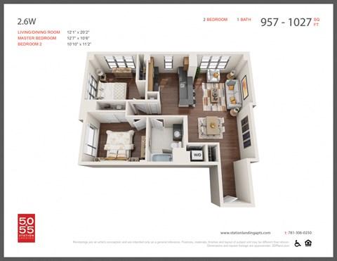 Floor plan for 2 beds, 1 bath, 1025 sqft