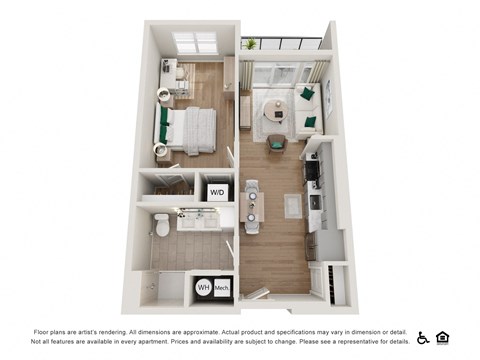 Floor plan for 1 bed, 1 bath, 651 sqft