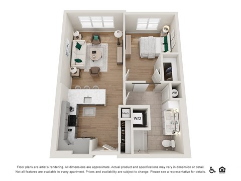 Floor plan for 1 bed, 1 bath, 767 sqft