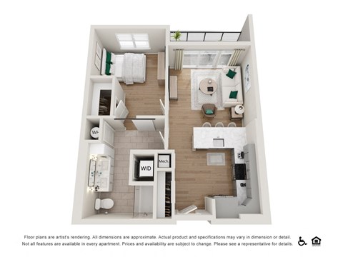 Floor plan for 1 bed, 1 bath, 708 sqft