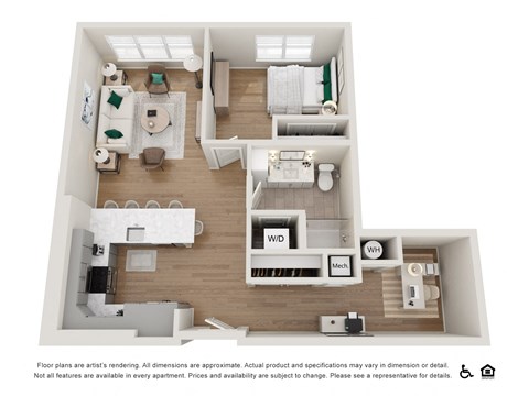 Floor plan for 1 bed, 1 bath, 888 sqft