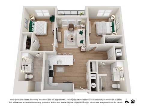Floor plan for 2 beds, 2 baths, 1032 sqft