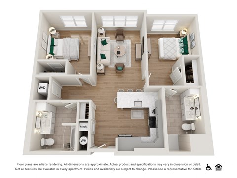 Floor plan for 2 beds, 2 baths, 1029 sqft