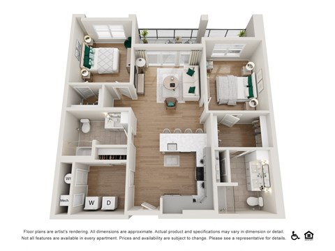 Floor plan for 2 beds, 2 baths, 1163 sqft