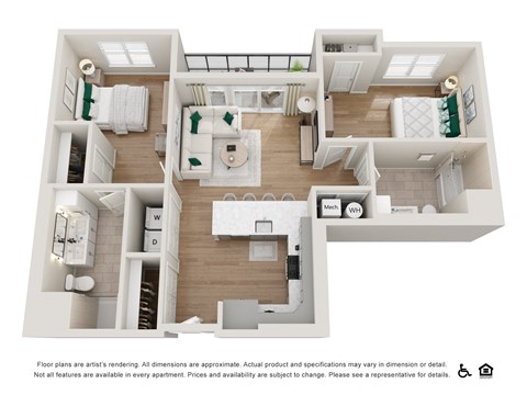 Floor plan for 2 beds, 2 baths, 1086 sqft