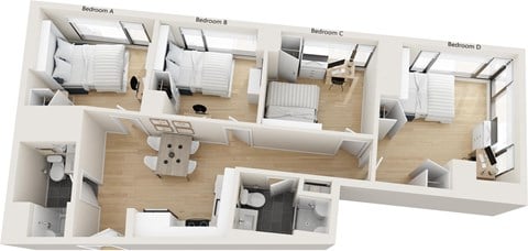 Floor plan for 4 beds, 2 baths, 239 sqft