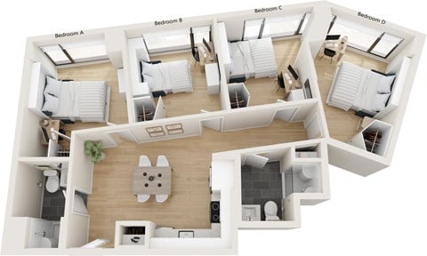 Floor plan for 4 beds, 2 baths, 244 sqft