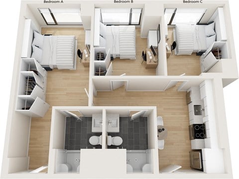 Floor plan for 3 beds, 2 baths, 241 sqft