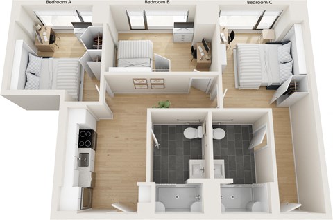 Floor plan for 3 beds, 2 baths, 283 sqft