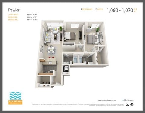 Floor plan for 2 beds, 2 baths, 1070 sqft