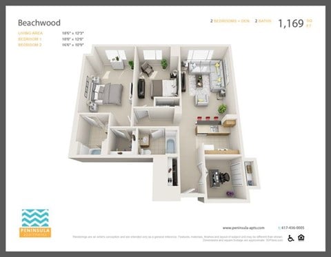 Floor plan for 2 beds, 2 baths, 1169 sqft