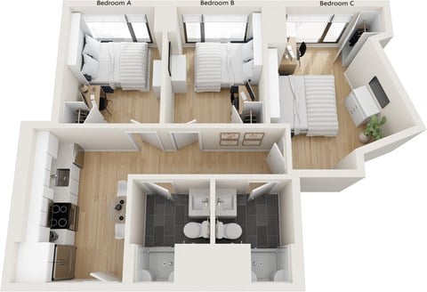 Floor plan for 3 beds, 2 baths, 236 sqft