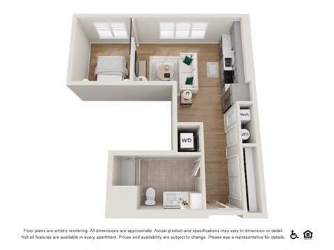 Floor plan for studio, 1 bath, 630 sqft