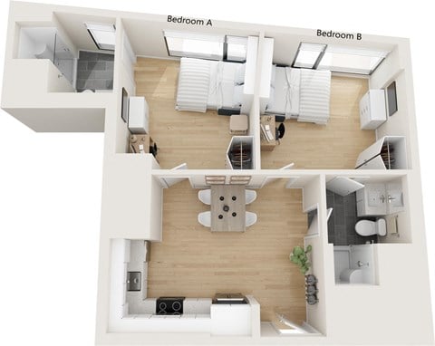 Floor plan for 2 beds, 2 baths, 659 sqft