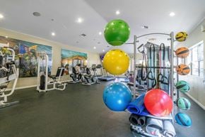 Fountain Valley apartment for rent - A gym with a variety of exercise equipment and colorful balls.