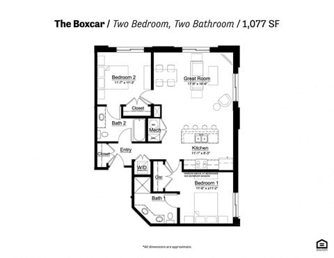 Floor plan for 2 beds, 2 baths, 1077 sqft