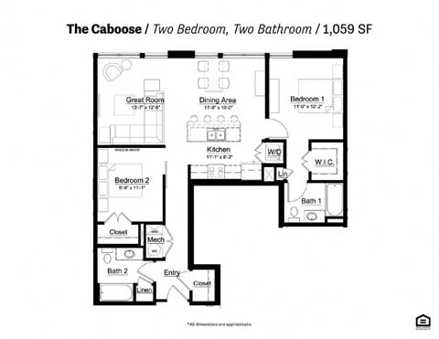 Floor plan for 2 beds, 2 baths, 1059 sqft