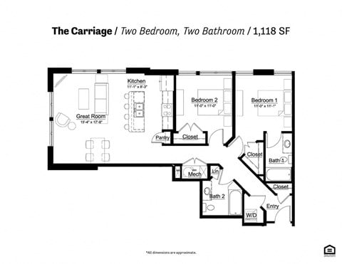 Floor plan for 2 beds, 2 baths, 1118 sqft