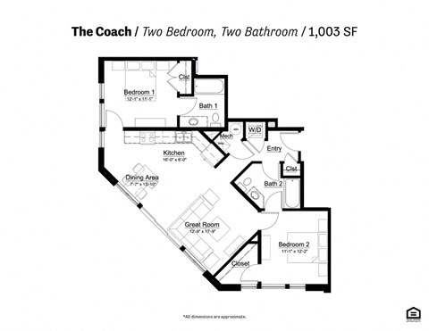 Floor plan for 2 beds, 2 baths, 1003 sqft