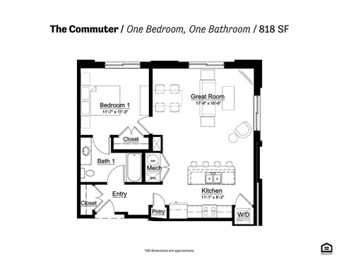 Floor plan for 1 bed, 1 bath, 818 sqft